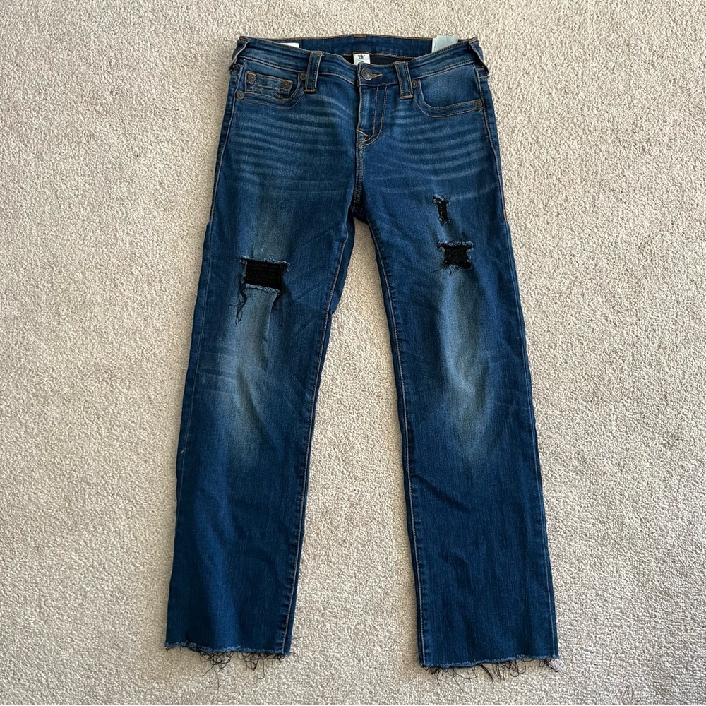 Women’s True Religion Billie Mid-Rise Straight Raw-Hem Blue Jeans